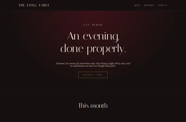 The Long Table demo site: sparse centred type on near-black with a burgundy wash.