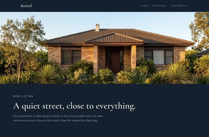 The Kestrel Property demo site, showing property listings on deep navy.