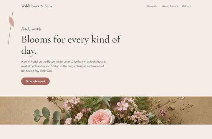 The Wildflower & Fern demo site: blush ground, a drawn stem and a handwritten accent.