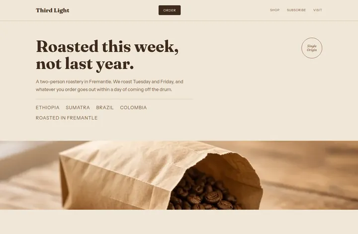 The Third Light demo site, showing a coffee shop grid on warm cream.