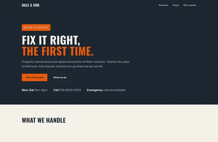 The Hale & Son demo site: heavy condensed type on navy with a safety-orange accent.