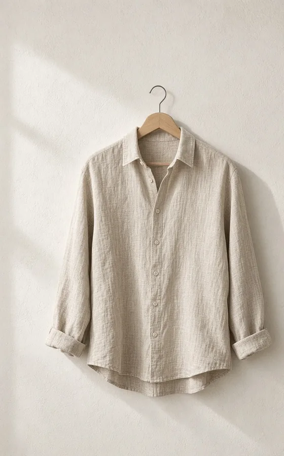 An oatmeal linen shirt on a wooden hanger against a plain wall.