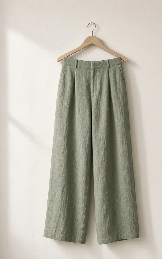 Wide-leg sage green trousers hanging against a plain wall.