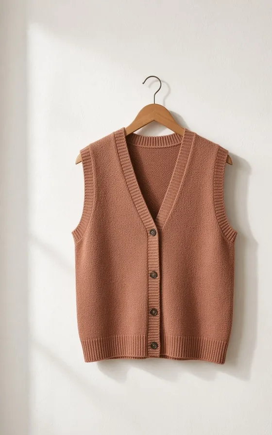 A clay-coloured knitted vest on a hanger.