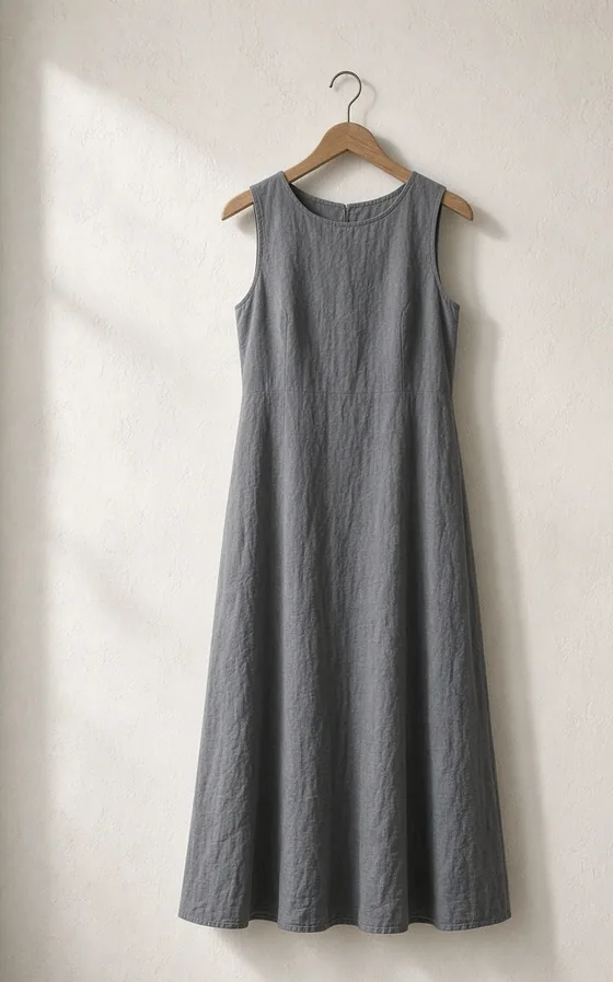 A slate grey sleeveless cotton dress on a hanger.