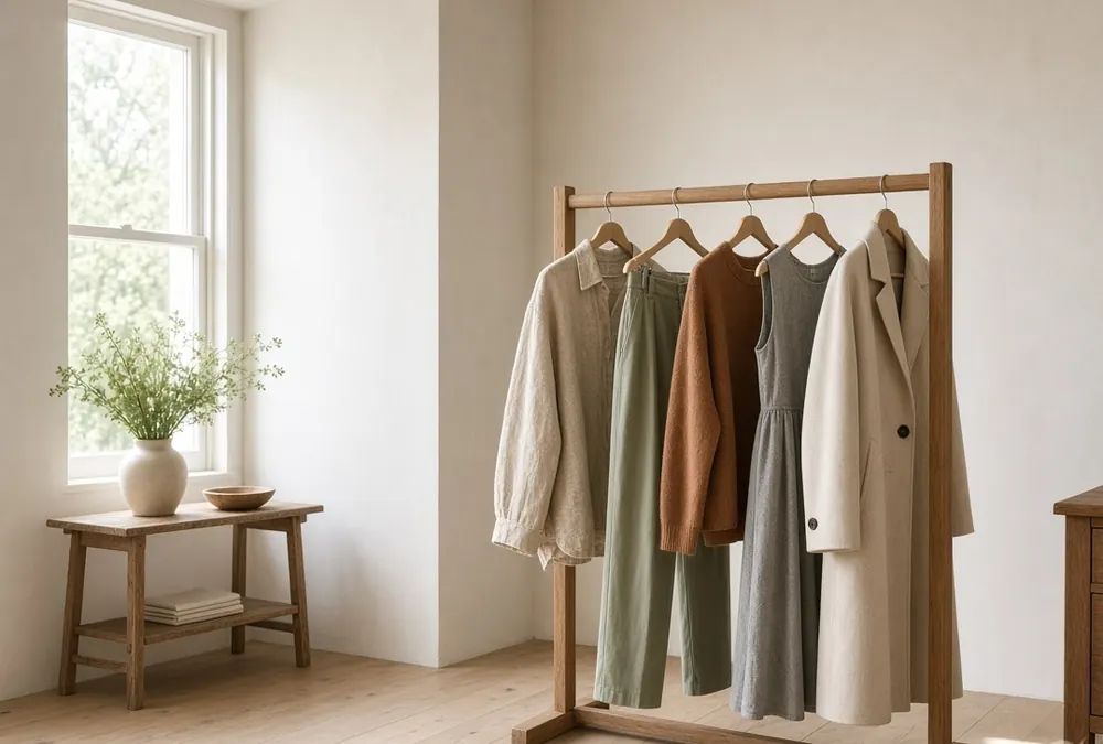 A rail of neutral-toned clothing in a small, bright shop interior.