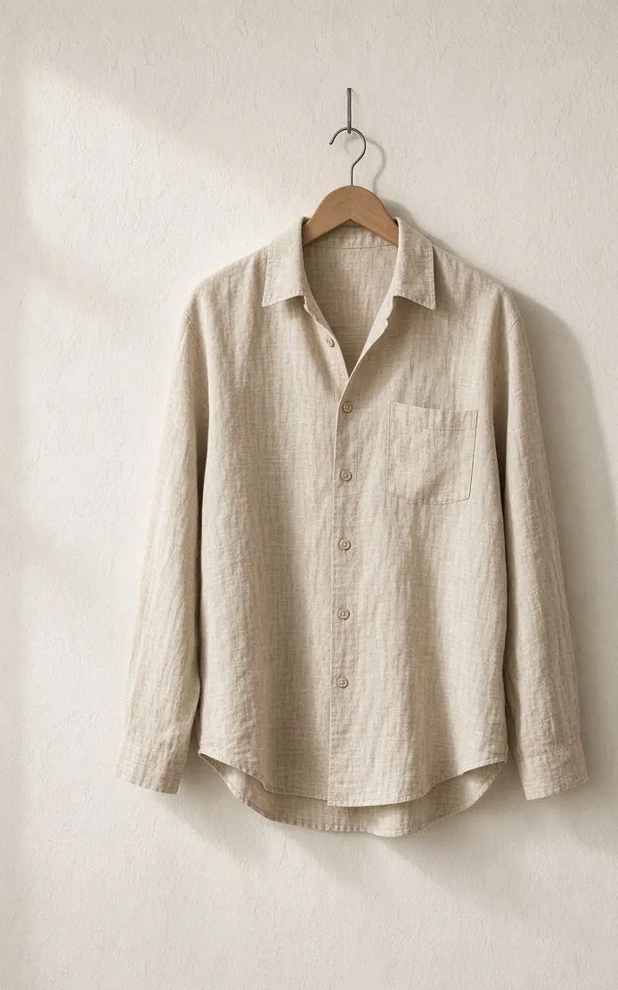 An oatmeal linen shirt hanging against an off-white wall in soft daylight.