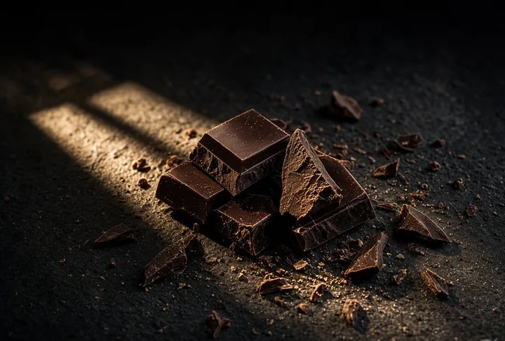 Broken shards of dark chocolate on a dark stone surface.