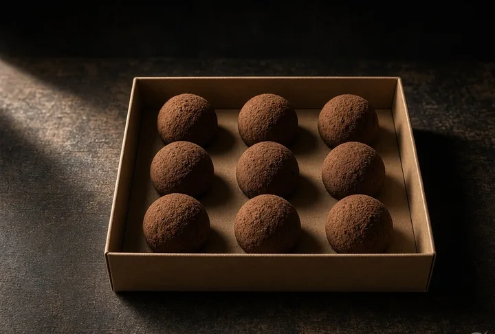 Nine dusted chocolate truffles in a plain paper box.