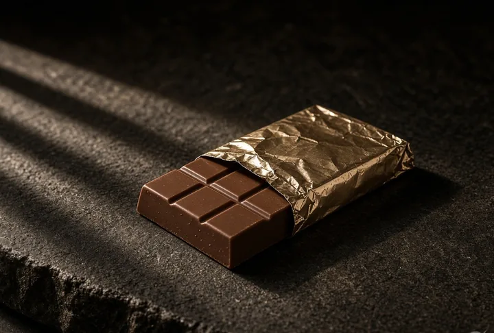 A milk chocolate block, partly wrapped in plain gold foil.