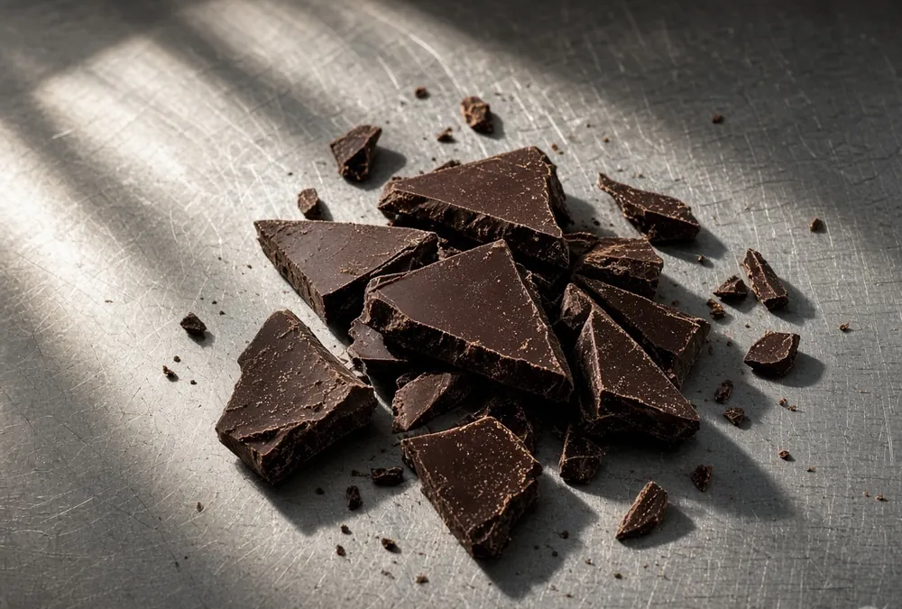 Broken pieces of dark chocolate on a dark bench in raking light.