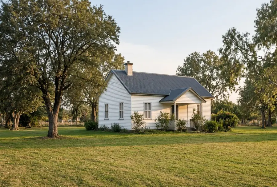 A small white weatherboard cottage on a large grassy block.