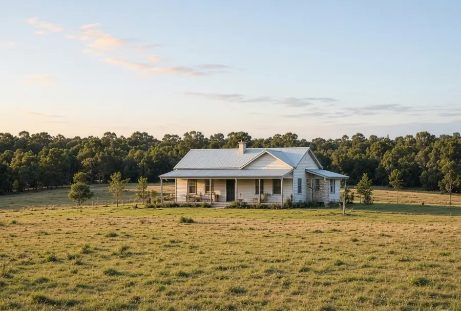 A farmhouse on cleared land with a distant treeline.