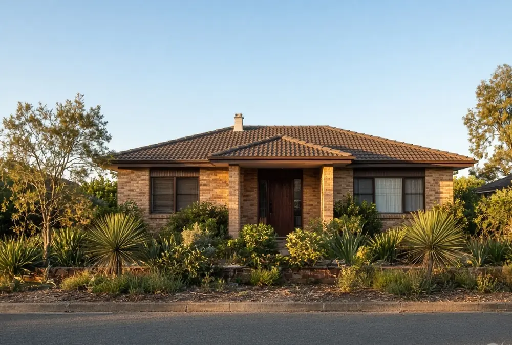 A single-storey brick home on a quiet street in late afternoon light.