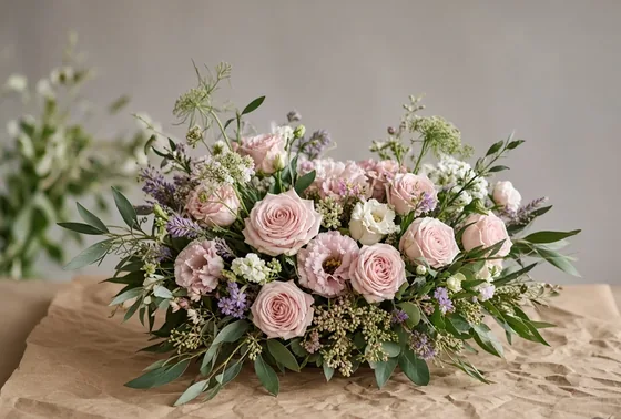 A larger structured arrangement of roses and mixed stems.