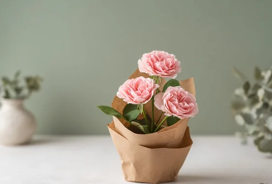 A few pink stems wrapped simply in paper.