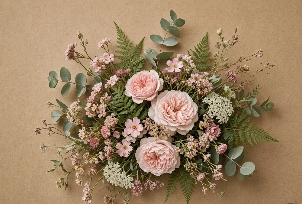 A loose bunch of garden flowers lying on brown kraft paper.