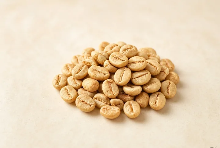 A small pile of pale green unroasted coffee beans.