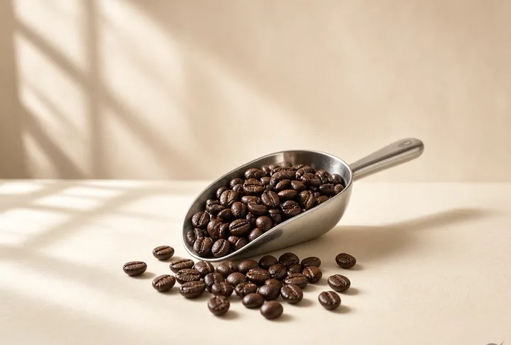 Dark, oily roasted coffee beans in a metal scoop.