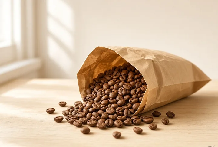 Roasted coffee beans spilling from a kraft paper bag.