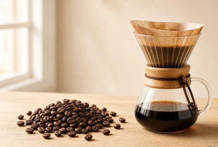 Coffee beans beside a glass pour-over brewer.