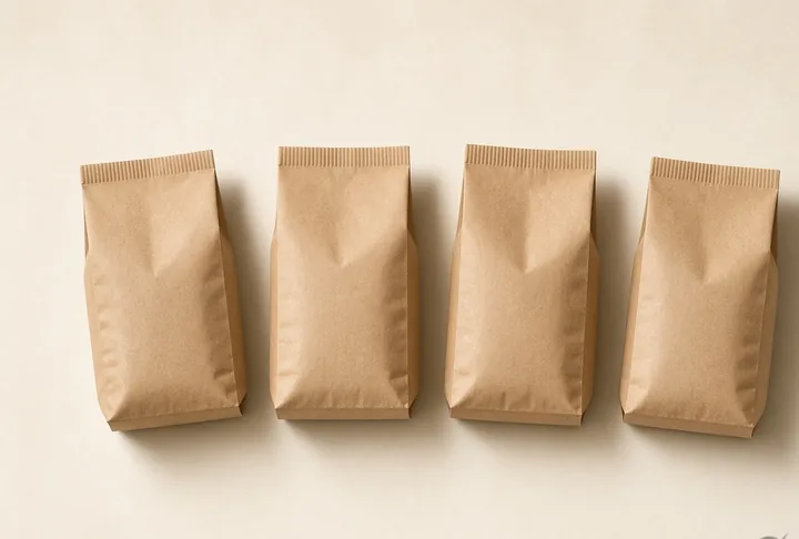 Four small kraft coffee bags in a row.
