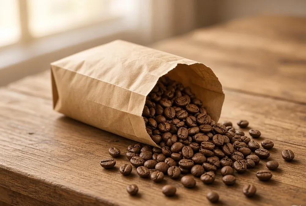 Roasted coffee beans spilling from a paper bag onto a timber bench.